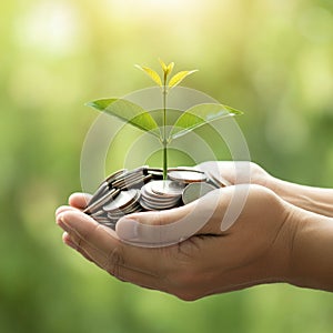 AI-Generated Image of Two Cupped Hands Holding Stack of Coins with Plant Sprouting