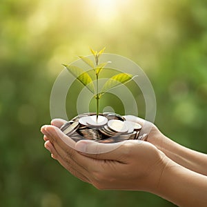 AI-Generated Image of Two Cupped Hands Holding Stack of Coins with Plant Sprouting