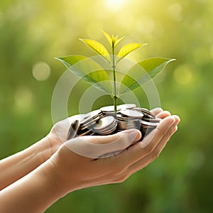 AI-Generated Image of Two Cupped Hands Holding Stack of Coins with Plant Sprouting