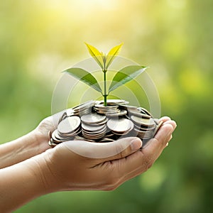 AI-Generated Image of Two Cupped Hands Holding Stack of Coins with Plant Sprouting