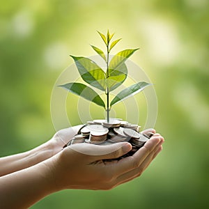 AI-Generated Image of Two Cupped Hands Holding Stack of Coins with Plant Sprouting