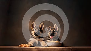 AI-Generated image of two German Shepherd puppies in front of a dark brown wall next to dog food