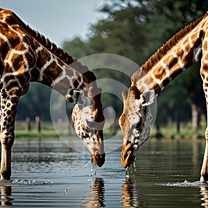 AI generated image of two giraffes drinking water in jungle