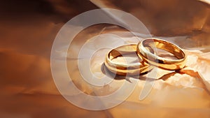 Two gold wedding rings on a fabric with copy space
