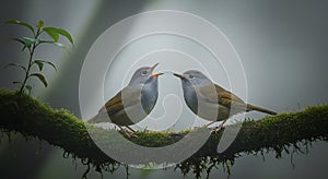 AI Generated image of AI-Generated two gray-cheeked fulvettas perched on a mossy branch singing