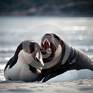 AI generated image of two walruses in a sea beach