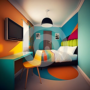 Colourful modern hotel bedroom bedsit room with orange and blue accents