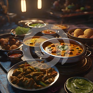 AI generated image of a variety of delicious Indian cuisines and delicacies