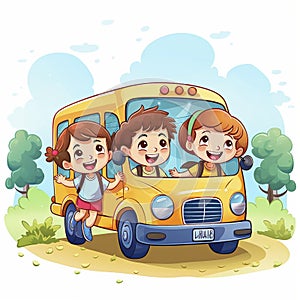 AI generated image, vector illustration. Group of smiling children on a yellow school bus