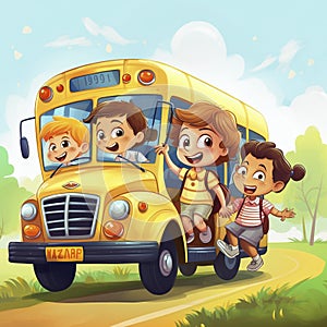 AI generated image, vector illustration. Group of smiling children on a yellow school bus.