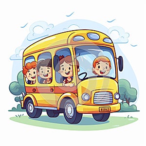 AI generated image, vector illustration. Group of smiling children on a yellow school bus.