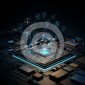 AI-Generated Image: Vibrant Computer Chip with Digital Information Grid