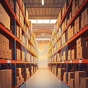 AI-Generated Image: Warehouse Aisle with Boxes on High Shelves photo