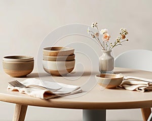 Rustic Dinnerware Still Life: Bowls, Flowers, Napkins, and Elegant Simplicity