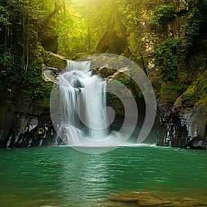 AI-Generated Image: Waterfall Cascading into Green Pool Surrounded by Lush Forest