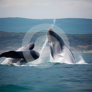 AI generated image of whales springing out of sea