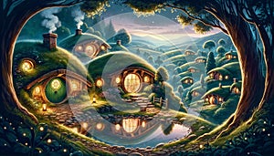 Whimsical Hobbit Village Sunset - AI generated digital art photo