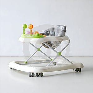 AI-Generated Image of White Baby Walker with Gray Seat and Colorful Toys photo