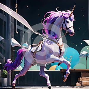 AI generated image of a white colour unicorn with pink hair and a single horn
