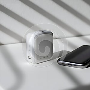 AI-Generated Image of White Portable Charger and Black Smartphone on a White Surface
