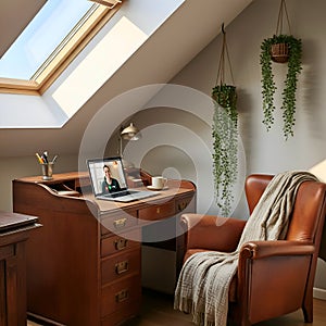 AI Generated Image: Wooden Desk with Laptop and Video Call photo