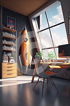 ai generated image of study room with big rocket