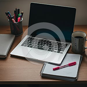 AI-Generated Image: Workspace with Laptop, Notebook, and Pens
