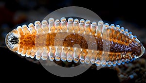 Worm under a microscope, phylum Annelida isolated on black background.