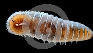 Worm under a microscope, phylum Annelida isolated on black background.