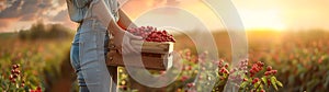 AI generated image of young farmer woman holding a wooden box full of cranberry.