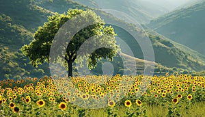 AI generated images, large sea of sunflowers, very dense, beautiful sky,