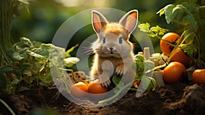 Ai Generated Images - Rabbit In Garden Eating Carrot- Cute Bunny In Garden Eating Food