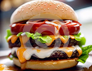 Close-up of Tasty Cheeseburger with Tomato, Cheese, and Lettuce - AI generated