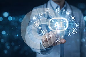 AI generated intelligent digital platform with professional interacting via touch interface showing connected systems data