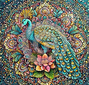 AI generated intricate painting of a peacock on a vividly colorful backdrop adorned by several types of flowers