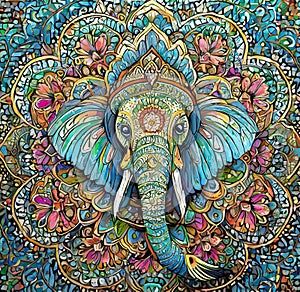 AI generated intricately designed background with the head of an elephant at the centre