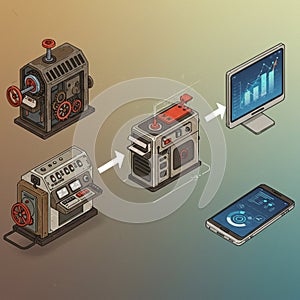 AI-Generated Isometric Illustration of Mechanical Devices with Data Flow