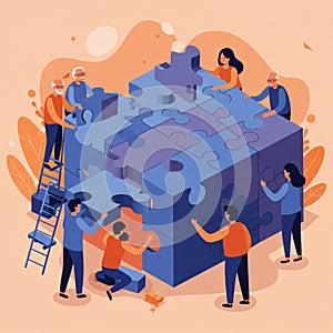 AI-Generated Image of People Assembling a Large Puzzle in Isometric View