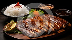 AI Generated. Japanese food, Unagi, tasty, fresh, juicy. Traditional japanese background. Realistic food photo