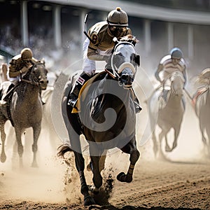 AI generated Jockey riding a horse on a racecourse