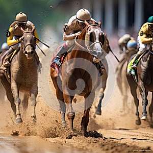 AI generated Jockey riding a horse on a racecourse