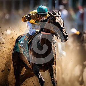 AI generated Jockey riding a horse on a racecourse