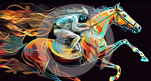 AI generated Jockey riding a race horse. Colorful abstract background