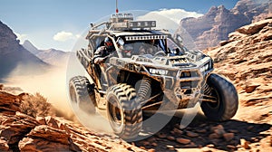 AI Generated Desert Mission A Realistic and Action-packed Photo of a Team of Soldiers Driving a Reconnaissance Vehicle
