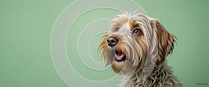 AI-generated labradoodle dog with fluffy curly coat looking happy on light green background in studio portrait style photo