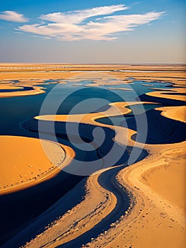 AI generated landscape consisting of sandy deserts alongside water streams flowing in between them