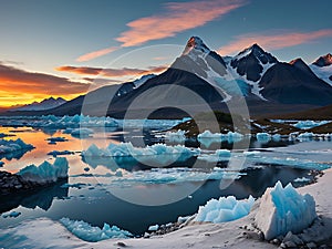 AI generated landscape consisting of snow clad mountain peaks and melting glaciers with sunset in the backdrop