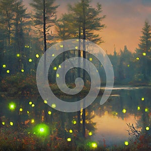 AI generated landscape depicting twinkling fireflies in a pond in the evening time