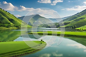 AI Generated Landscape Image with Lake, Green Field, blue Sky, and hills