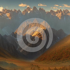 AI generated landscape showcasing sunkissed peaks of mountains and mountain ranges alongwith the beautiful valleys
